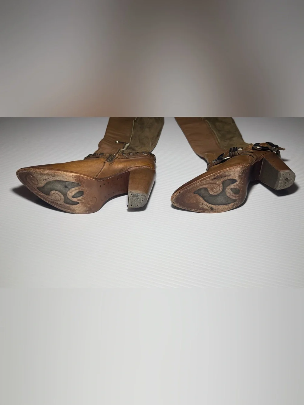 Tall Brown Leather & Suede Over-the-Knee Heeled Boots with Stud Accent